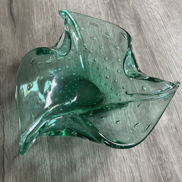 Mid-Century Bullicante Hand-Blown Green Glass Bowl Heavy Bubbles Ashtray Dish